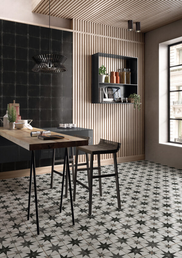 Rimini Black Encaustic Patterned Matt Floor Tile 200x200mm